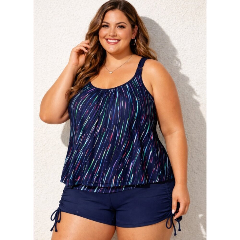 Yonique Tropical Blouson Tankini Swimsuit Size XXL